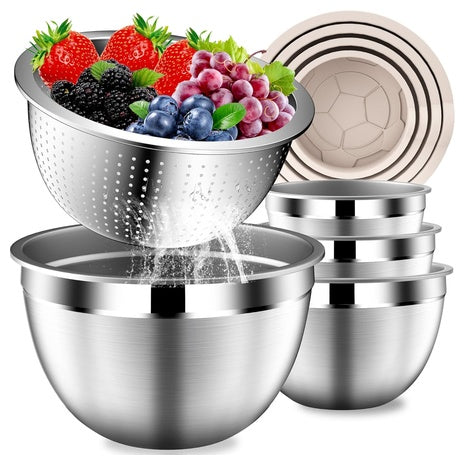 5-Piece Stainless Steel Mixing Bowl Set with Lids & Strainer