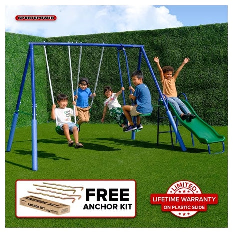 Swingin Fun and Slide Metal Swing Set with 2 Person Glider Swing