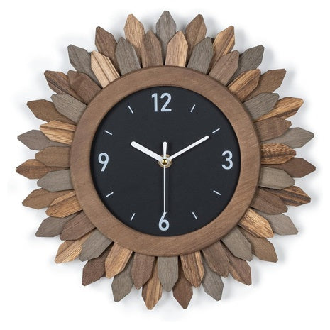12" Silent Non Ticking Rustic Wood Boho Sunburst Wall Clock