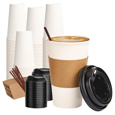 100 16oz Disposable Coffee Cups with Lids, Sleeves & Stirrers