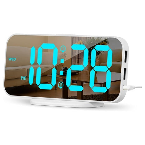 Big Mirror Display Digital Alarm Clock with Dual USB Charger Ports