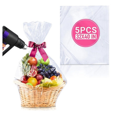 5 Clear Shrink Wrap Bags for Gift Baskets (32x40)