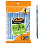 10 BIC Round Stic Xtra Life Blue Ballpoint Pens