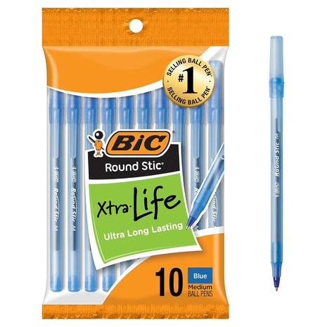 10 BIC Round Stic Xtra Life Blue Ballpoint Pens