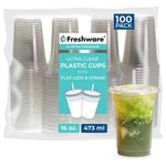 100 Freshware 16oz Clear Disposable Plastic Cups with Flat Lids & Straws