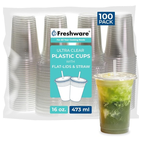 100 Freshware 16oz Clear Disposable Plastic Cups with Flat Lids & Straws