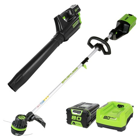Greenworks Pro 80V Cordless Brushless String Trimmer + Leaf Blower Combo with Battery & Charger