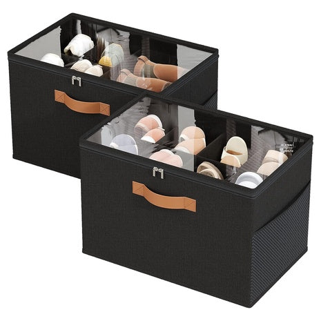2-Pack Foldable Shoe Storage Box With Adjustable Dividers & Clear Cover