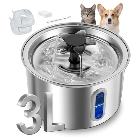 3L/101oz Stainless Steel Pet Water Fountain (2 Filters 2 Sponges)