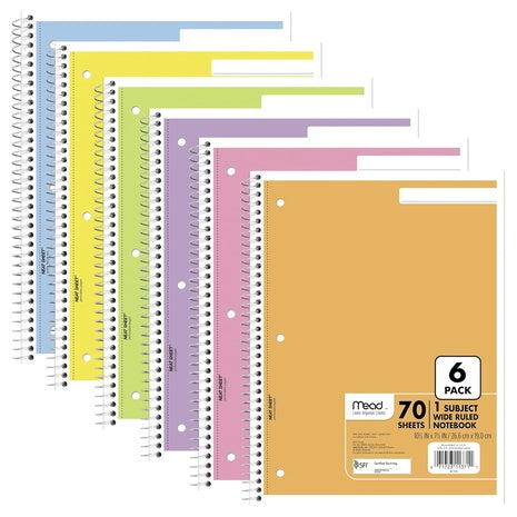 6 -Pack 1-Subject Mead Spiral Notebooks