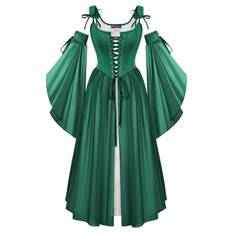 Women's 2-Piece Renaissance Corset Dress Set W/ Bell Sleeves (4 Colors)