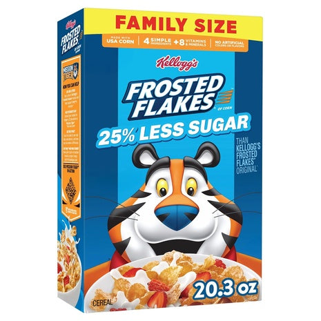 2 Family Size Boxes Kellogg's Frosted Flakes 25% Less Sugar Cereal (20.3oz)