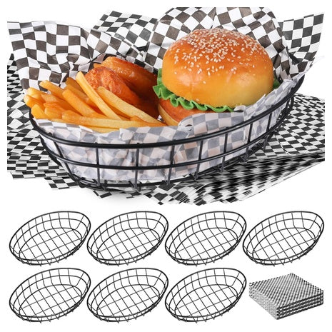 8-Piece Black Wire Bread Basket With 120 Sheets Deli Wrappers
