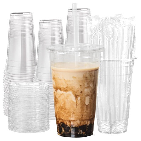 100 Disposable 24oz Plastic Cups with Lids & Straws
