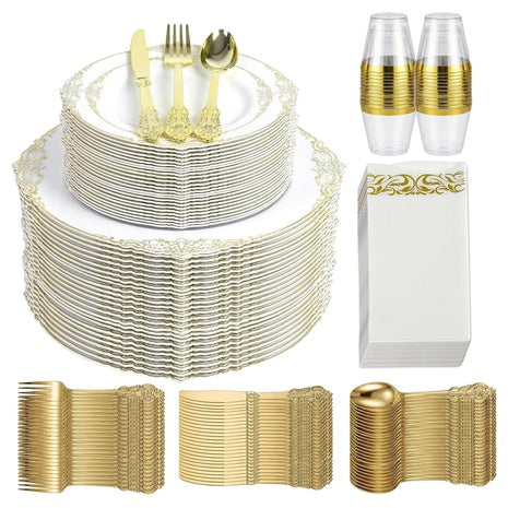 175-Piece Gold Disposable Dinnerware Set