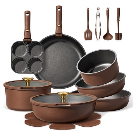 21--Piece Nonstick Pots And Pans Set With Removable Handle (Brown)