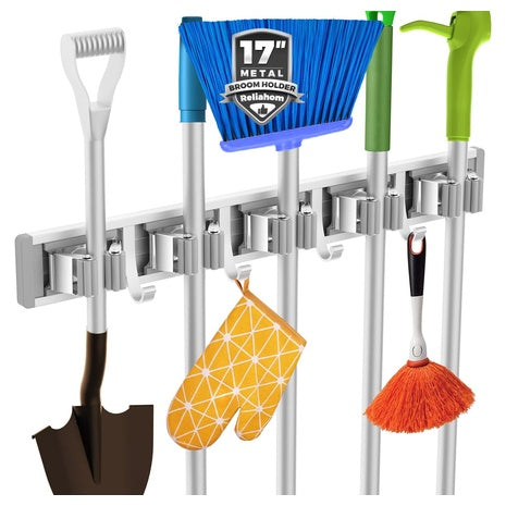 Wall-Mount Broom Holder with 5 Racks & 4 Hooks