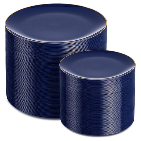 200 Blue & Gold Disposable Dinner & Dessert Plates