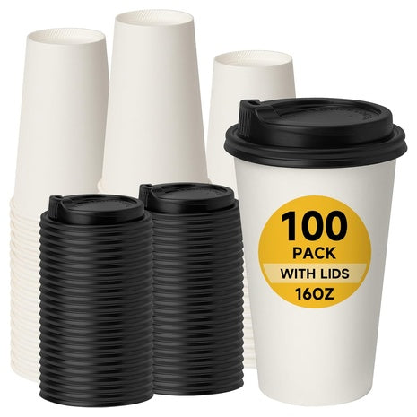 100 16oz Hot Paper Cups with Lids