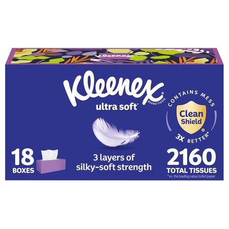 18 Flat Boxes Kleenex Ultra Soft Facial Tissues
