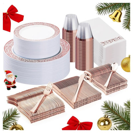 350 Piece Rose Gold Plastic Dinnerware Set