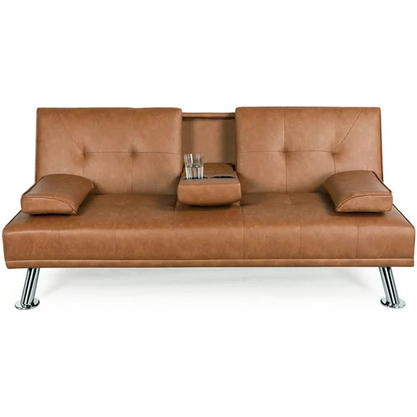 Modern Faux Leather Futon with Cupholders and Pillows (3 Colors)