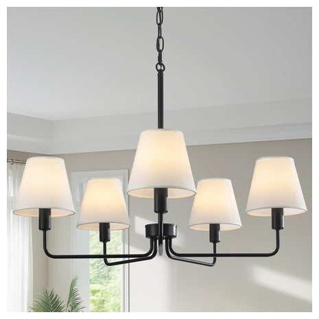 30" Modern 5-Light Farmhouse Chandelier With White Fabric Shade