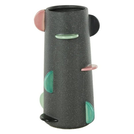 12" Textured Black Ceramic Vase With Multicolor Half-Moon Accents