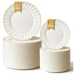 100 Elegant Ivory & Gold Scalloped Plastic Plates