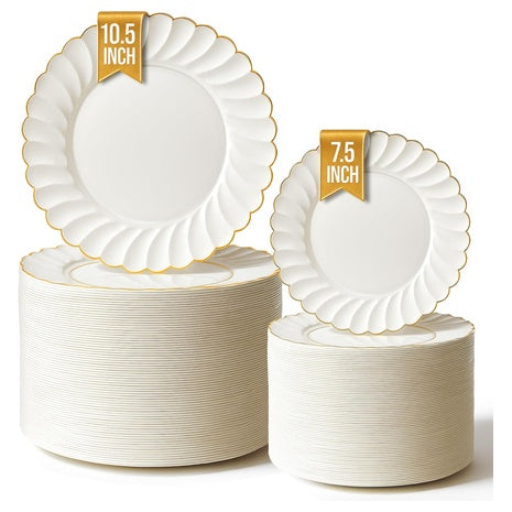 100 Elegant Ivory & Gold Scalloped Plastic Plates