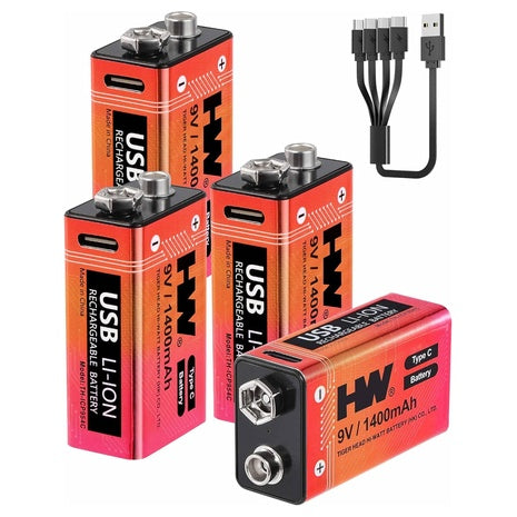 4-Pack HW 9V 1400mAh USB-C Rechargeable Lithium Batteries