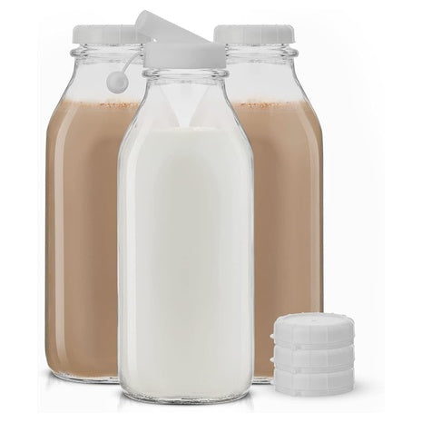 3-Pack JoyJolt 32 oz Glass Milk Bottles with Lids and Pourer