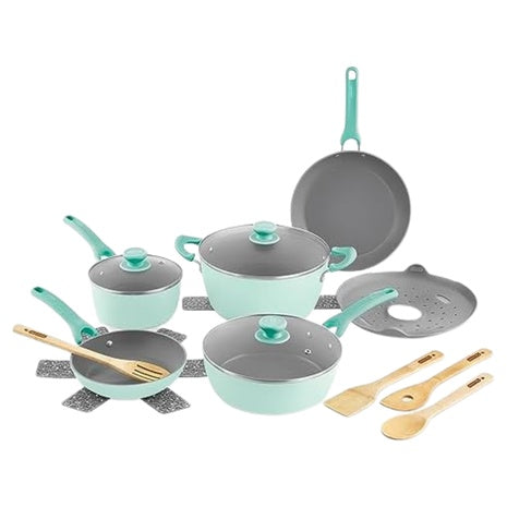 15-Piece Green Recycled Ceramic Nonstick Aluminum Cookware Set