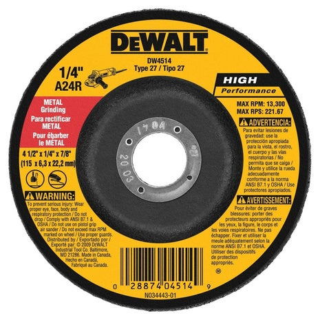 DeWALT 1/4" Thick Grinding Wheel With 4.5" Diameter & 7/8" Arbor