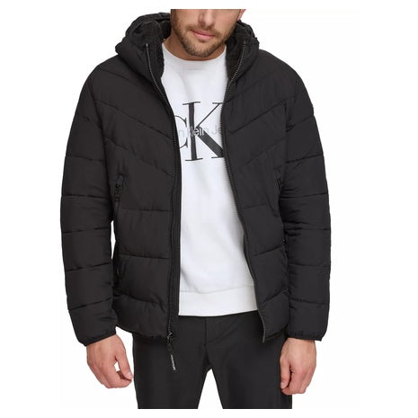 Calvin Klein Men's Chevron Stretch Jacket With Sherpa Lined Hood