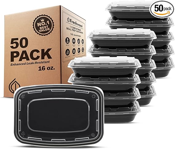 Paquete de 50 contenedores de almacenamiento de alimentos Freshware Meal Prep de 1 compartimento
