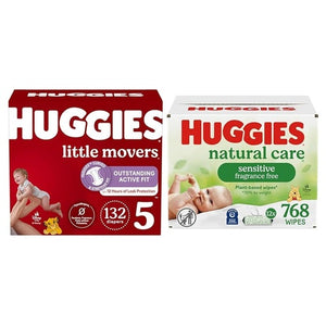 Size 5 Huggies Little Movers, 132 Diapers + 768 Wipes