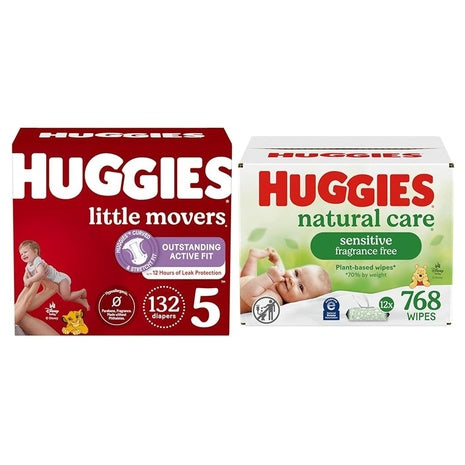 Size 5 Huggies Little Movers, 132 Diapers + 768 Wipes