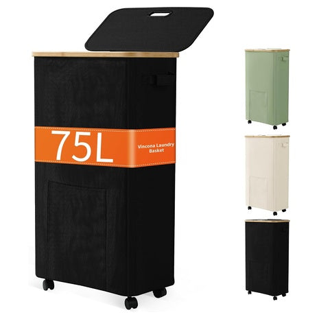 75L Rolling Tall Laundry Basket W/ Lid (Black)