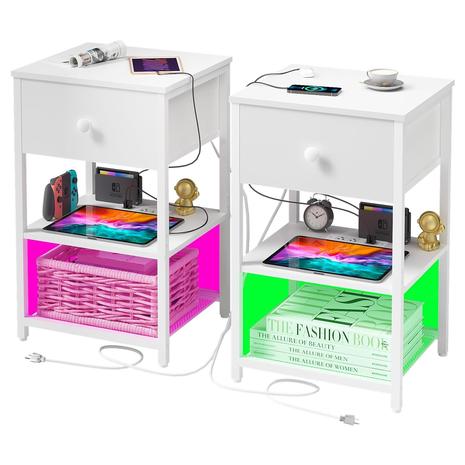 2 LED Charging Station Nightstands w/ USB & Outlets