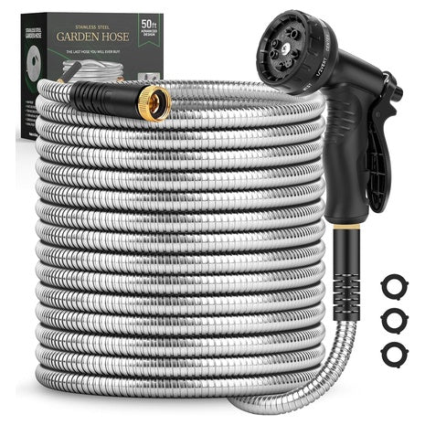 50 Foot Stainless Steel Garden Hose with 10 Function Spray Nozzle