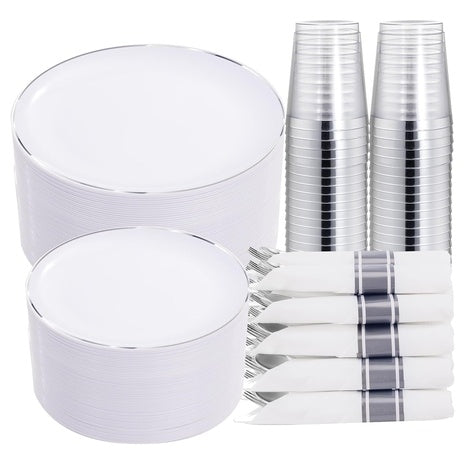 350 Piece Plastic Dinnerware Set with Plates, Cups & Silverware