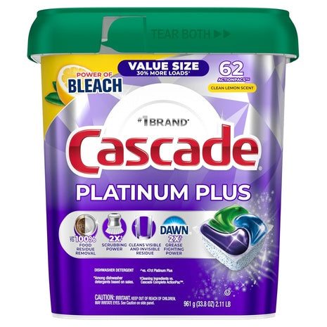 62 Cascade Platinum Plus Clean Lemon Dishwasher Pods