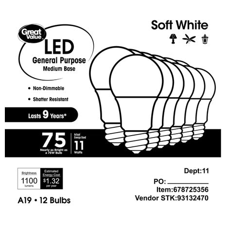 12 Great Value 75W LED Light Bulbs