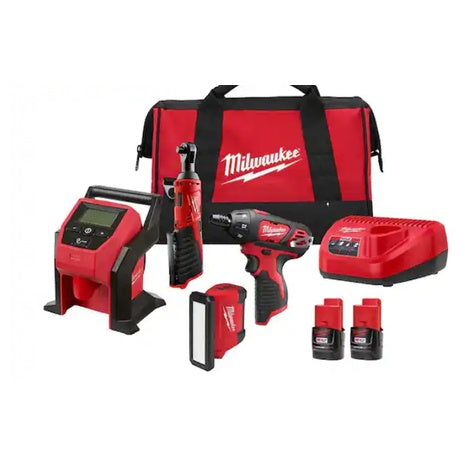 Milwaukee M12 12V 4-Tool Lithium-Ion Cordless Combo Kit with 2 Batteries & Charger