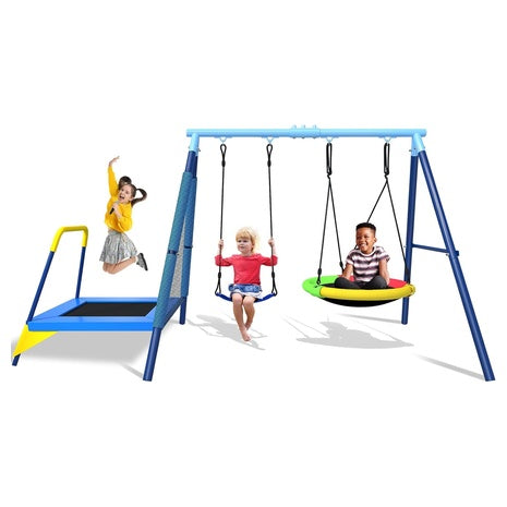 3-in-1 Kids Outdoor Swing Set with Trampoline