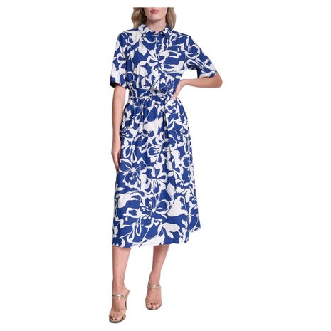 DKNY Women's Floral Elbow Sleeve Cotton Midi Shirtdress