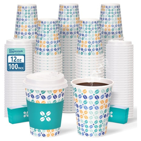 100-Pack 12 Oz Paper Coffee Cups with Lids & Sleeves
