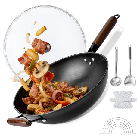 13" Carbon Steel Nonstick Stir-Fry Wok With Lid