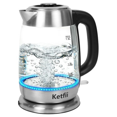 1200W 1.8L Fast Boil Electric Glass Kettle With Auto Shut-Off & Boil-Dry Protection